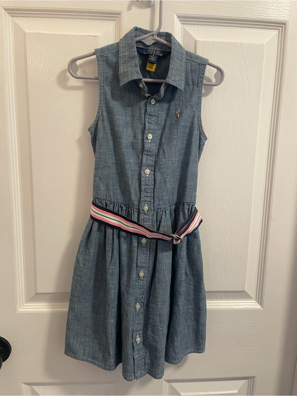 Polo by Ralph Lauren Chambray Sleeveless Shirt Dress with Striped Belt - Blue